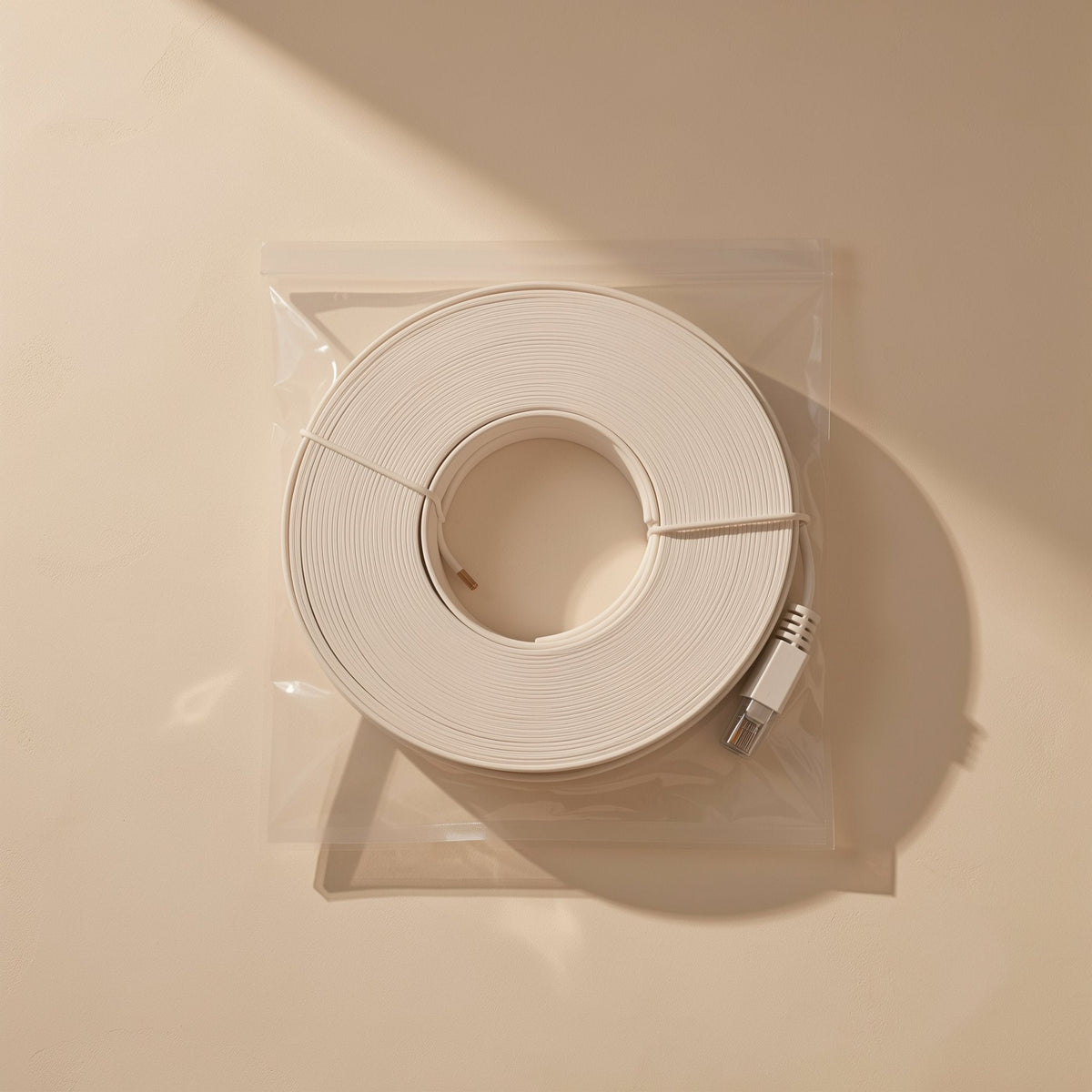 Flatlink – White flat network cable coiled inside a clear resealable bag, seen from above with the plug at the edge