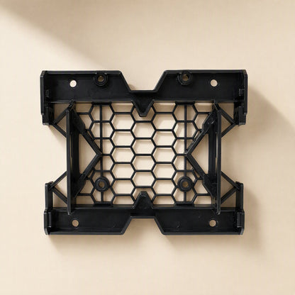 Drivecradle 5.25-inch drive bracket in black plastic, top view with hexagonal mesh and mounting holes