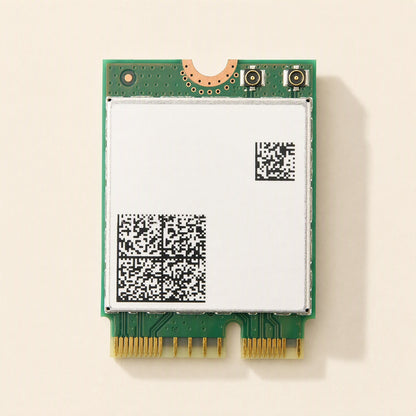 Keylink NGFF Key E wireless network card, top view showing white shield and two antenna connectors