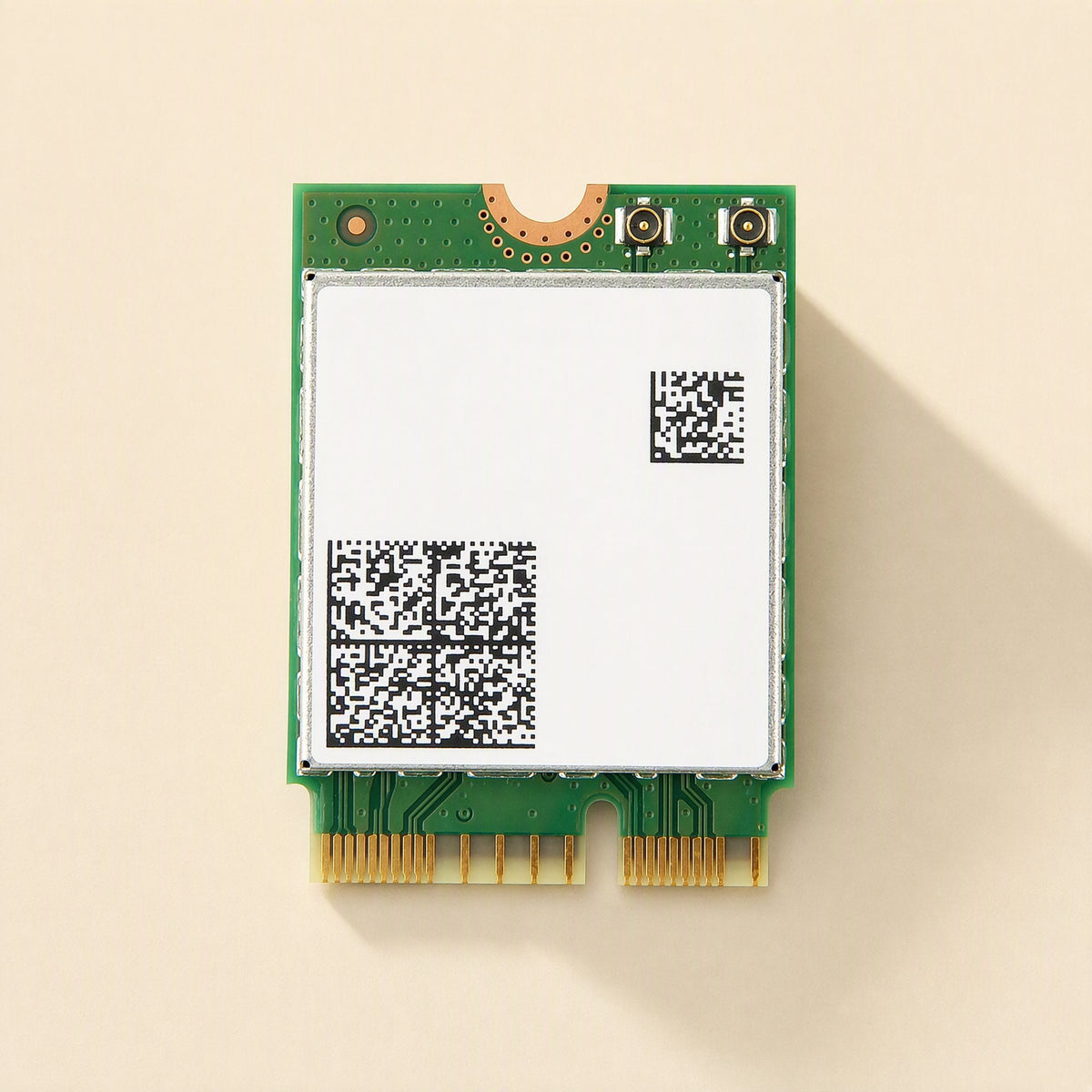 Keylink – Front view of the card's white label with two data matrix codes above the gold edge connector