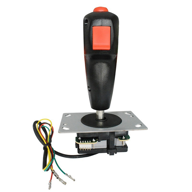 Flyvibe – Joystick with colored wiring harness and circuit board below the metal mounting plate, front view