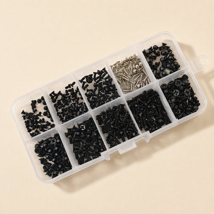 Microfast – Angled view of the screw organizer with hinged lid and hanging loop, showing Phillips-head black screws