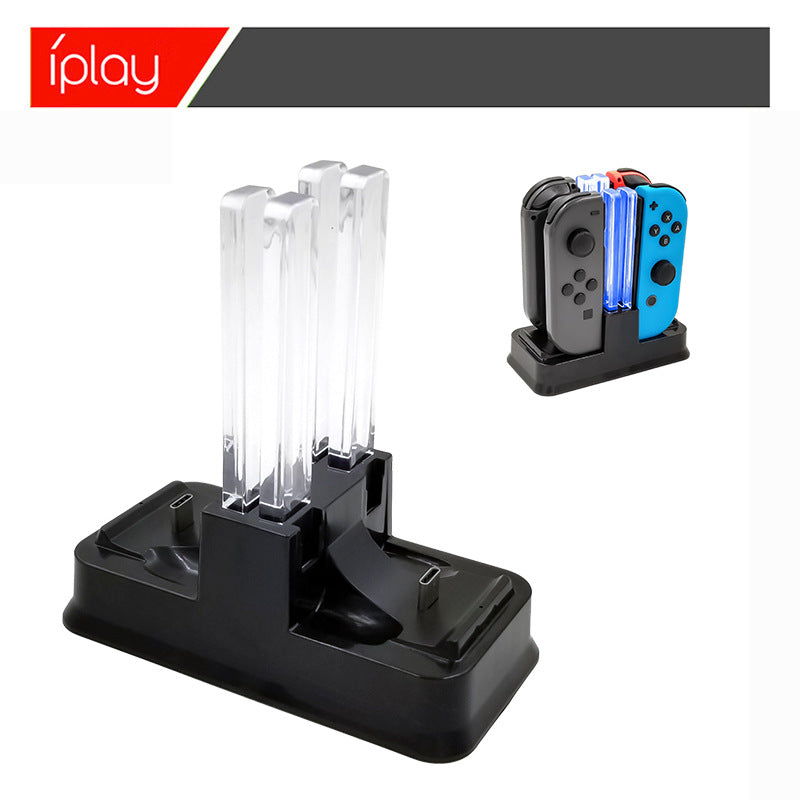Dockvolt Switch Controller Four-Port Charger in black with four clear acrylic light pillars, inset showing Joy-Cons