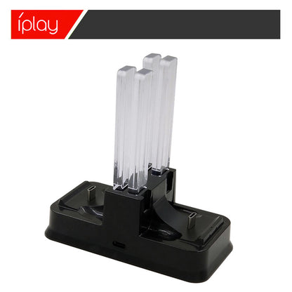 Dockvolt – Rear angled view of the black charging dock with clear acrylic pillars and Type-C ports on the base