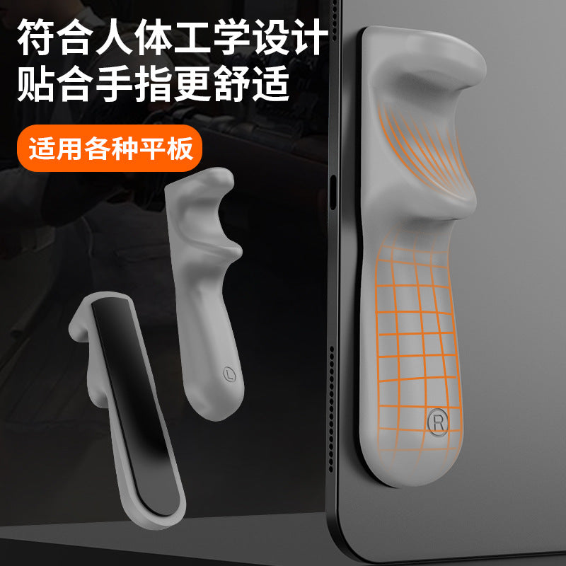 Tabletpalm – Gray silicone grips with L and R marks, one showing its black adhesive pad, the other on a tablet edge
