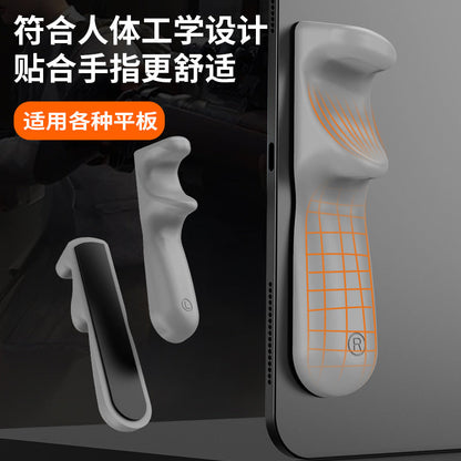 Tabletpalm – Gray silicone grips with L and R marks, one showing its black adhesive pad, the other on a tablet edge