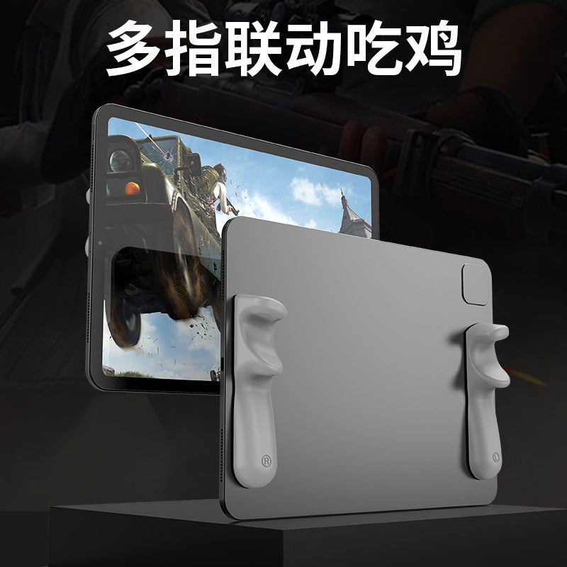 Tabletpalm – Pair of gray grips stuck to the back of a tablet, with a game screen visible on the front