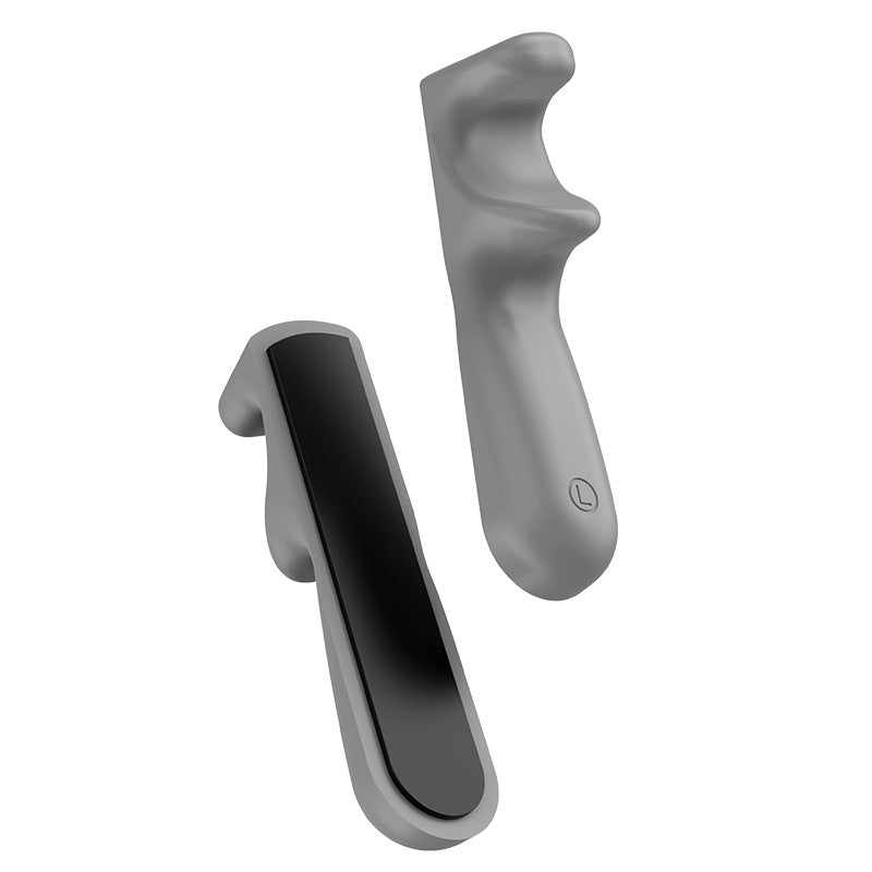 Tabletpalm – Left and right gray silicone grips on white, one showing its black adhesive pad, the other marked L