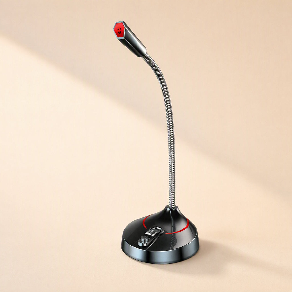 Vocalcast wired condenser microphone, black desktop gooseneck model with red accents on a round base