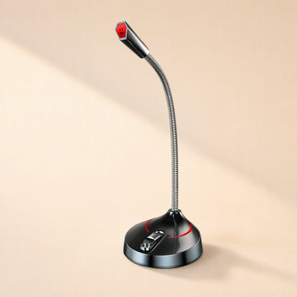 Vocalcast wired condenser microphone, black desktop gooseneck model with red accents on a round base