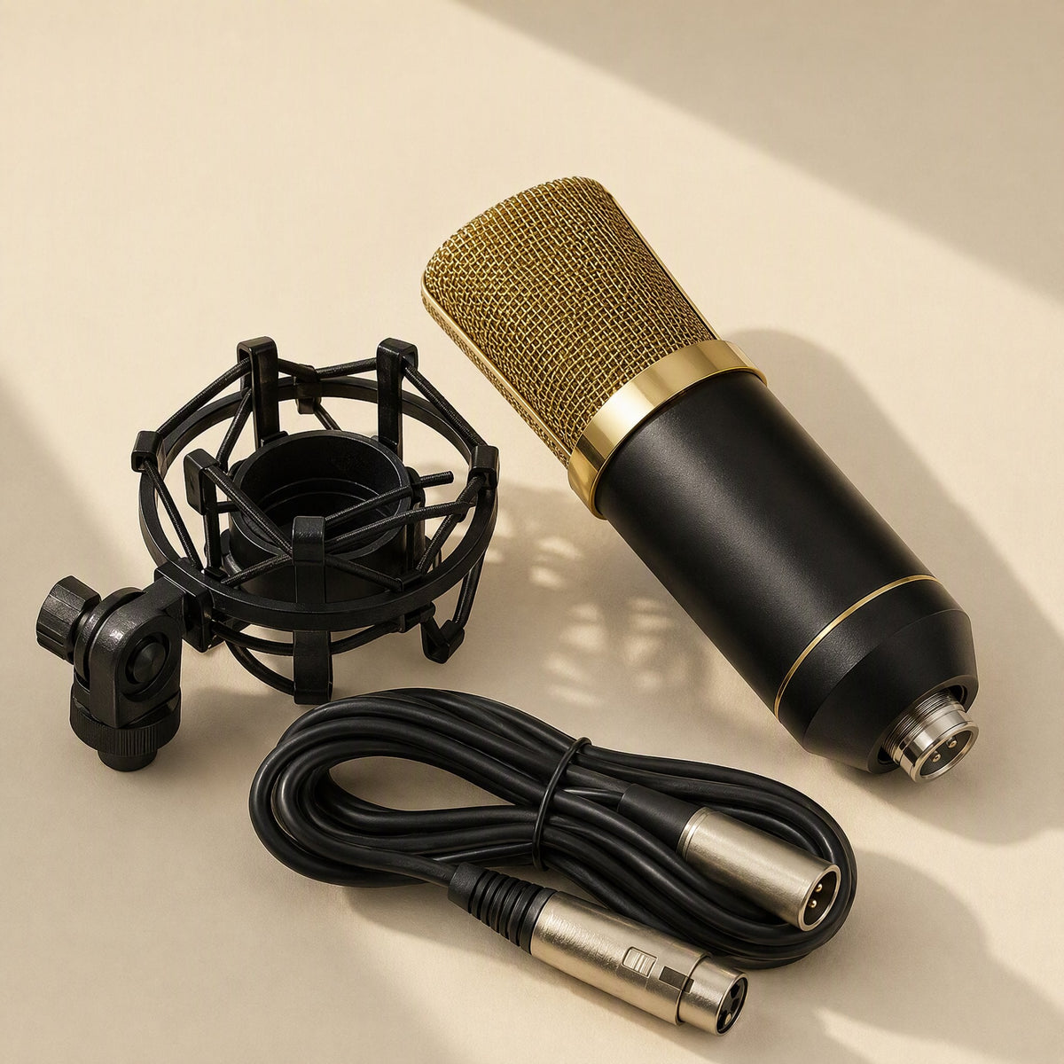 Vocalcast – Black and gold large-diaphragm condenser mic with shock mount and XLR cable laid out on a beige surface