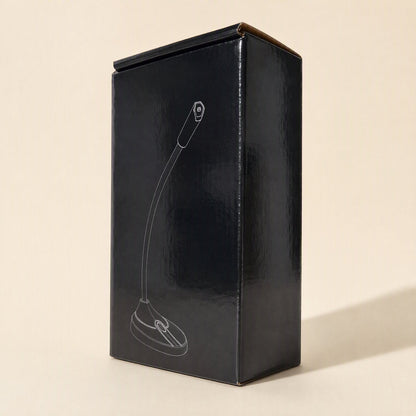 Vocalcast – Black retail box with a line drawing of a gooseneck desktop microphone, shown at an angle