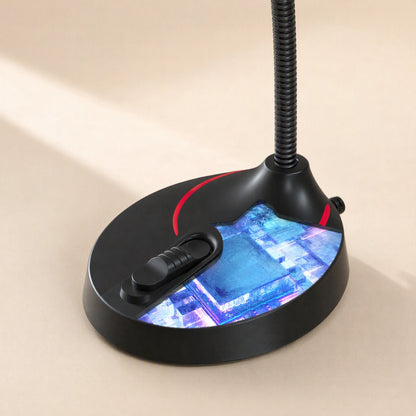 Vocalcast – Close-up of the round black microphone base with red stripe, slide switch and a blue circuit-pattern panel