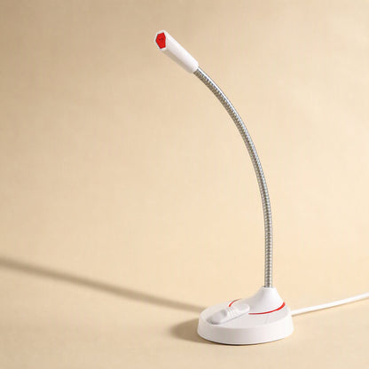 Vocalcast – White gooseneck desktop microphone with red accents and attached white cable on a cream background