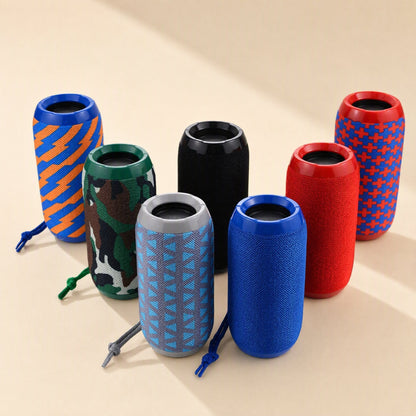 Rainbeat – Row of seven upright speakers seen from above, each with a wrist strap in a matching colour