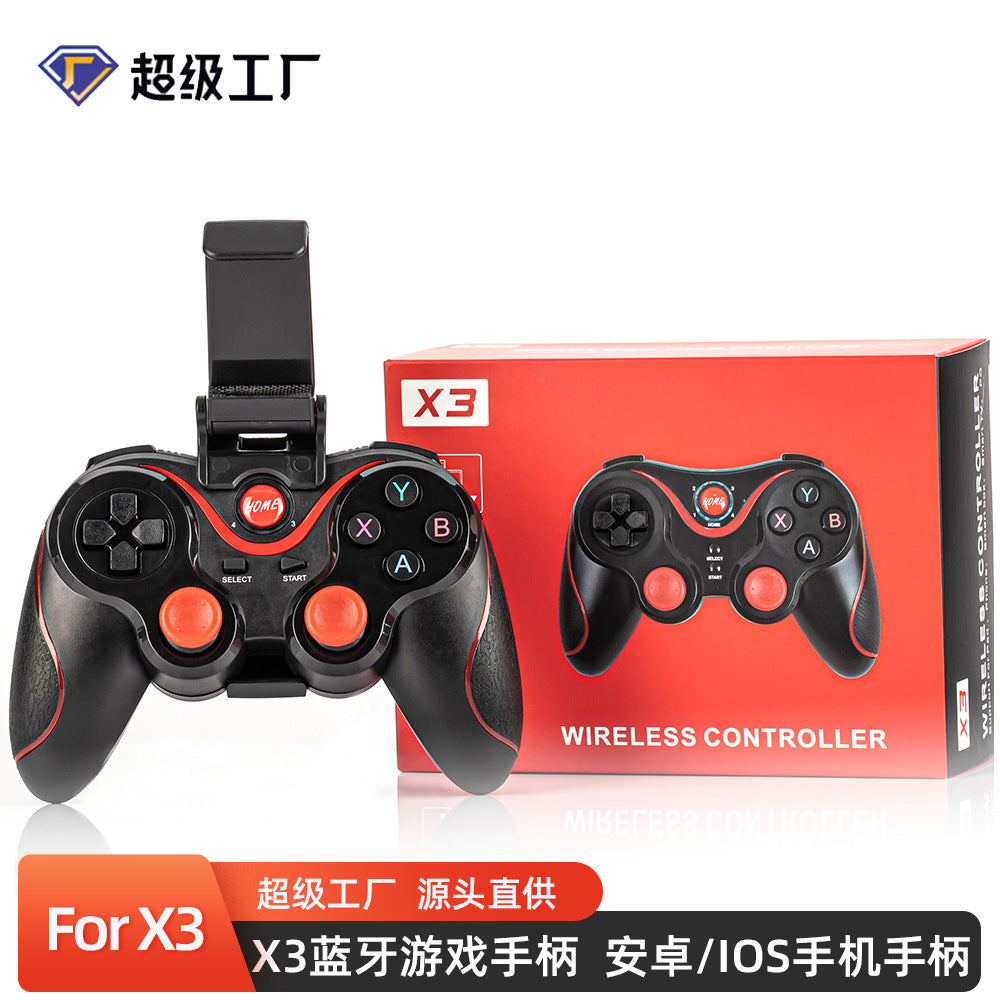 Vibron Bluetooth mobile game controller with phone clamp beside its red X3 retail box