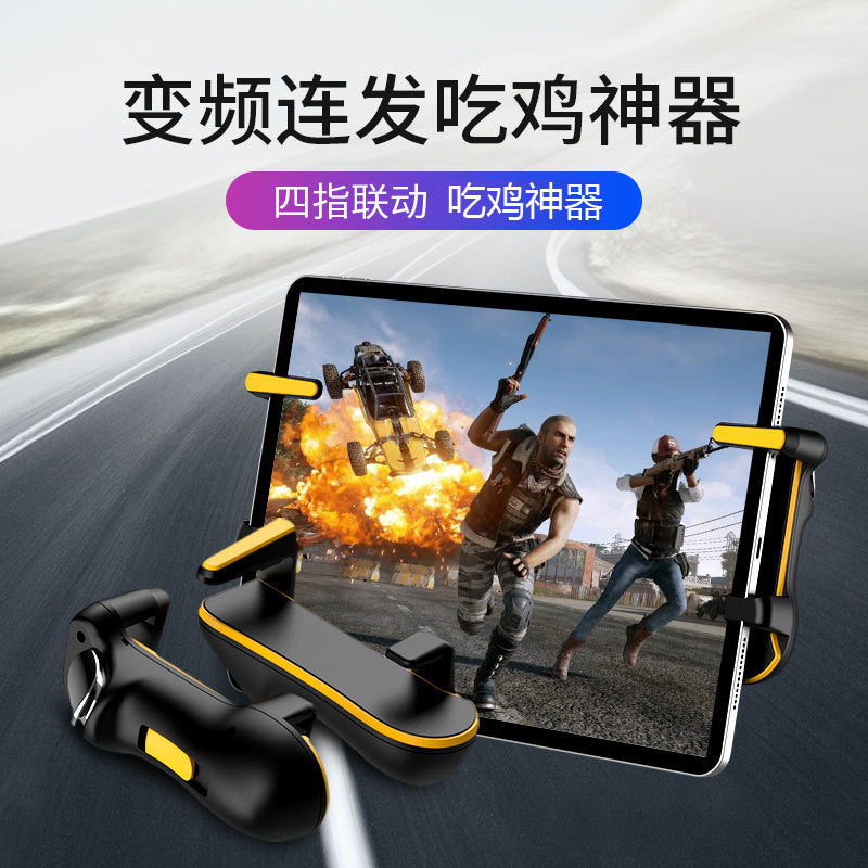 Tapwing – Black and yellow version of the game controller attached to a tablet with an explosion scene on screen