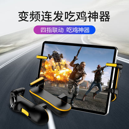 Tapwing – Black and yellow version of the game controller attached to a tablet with an explosion scene on screen