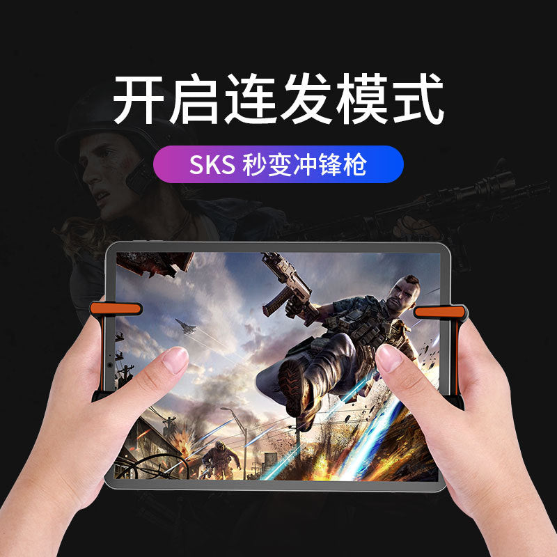 Tapwing – Two hands gripping a tablet with orange trigger buttons at the top corners, dark game screen
