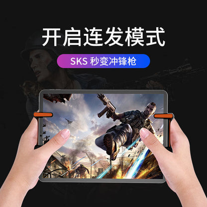 Tapwing – Two hands gripping a tablet with orange trigger buttons at the top corners, dark game screen
