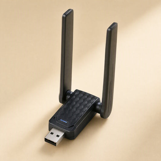 Swiftwave – Black adapter with two upright antennas and a textured diamond-pattern top, shown at an angle