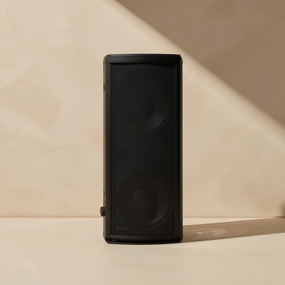 Dustmesh – Tall black speaker-style unit with two round grille circles on a cream surface against a beige wall