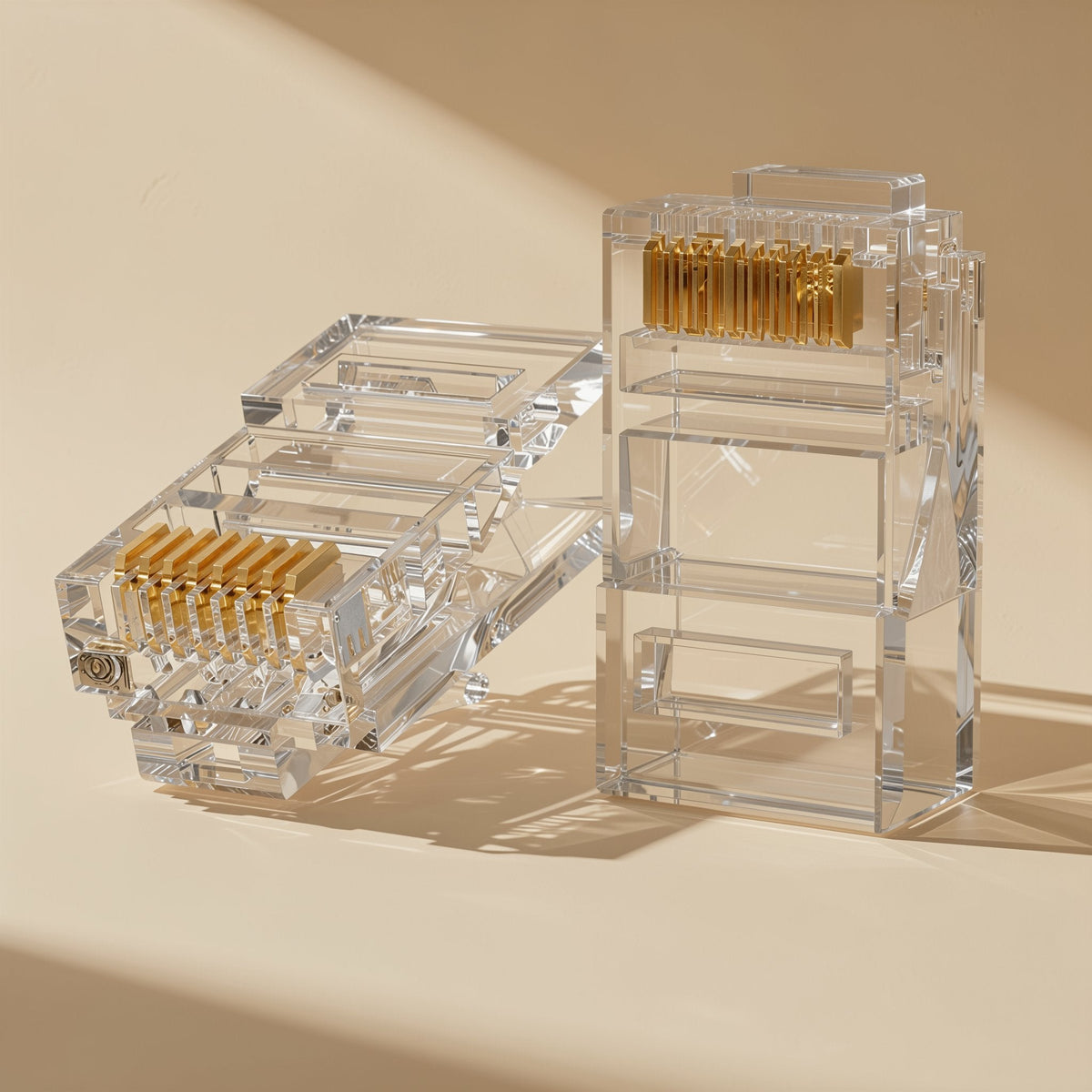 Cablejoin RJ45 Network Cable Connector, two clear plugs with gold contacts on a beige surface in soft light