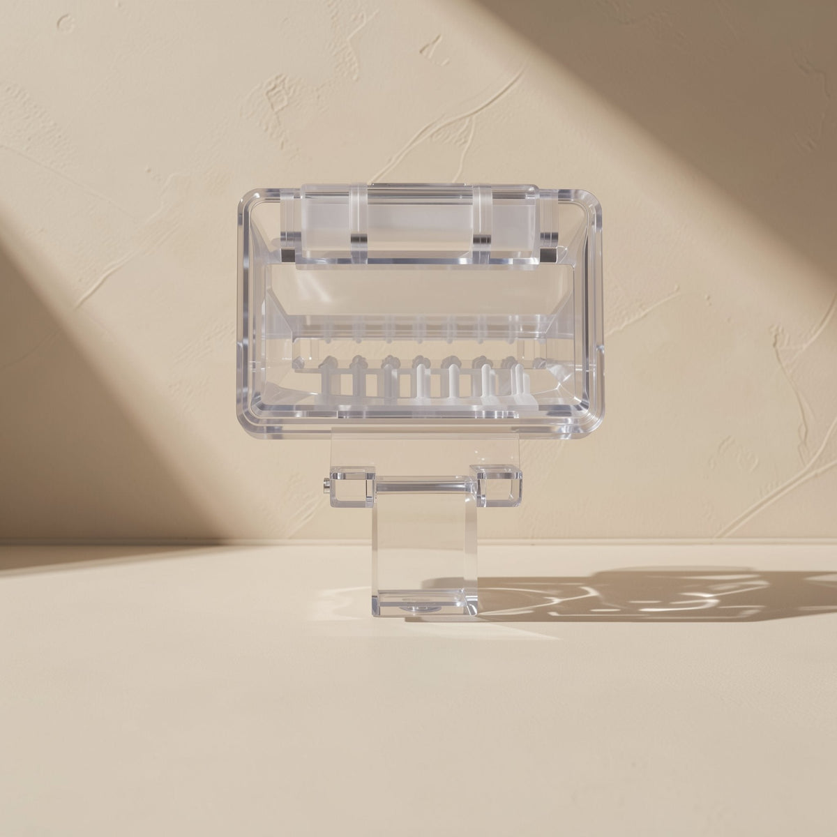 Cablejoin – Front view of a clear RJ45 plug showing the wire channels, standing on a sunlit beige surface