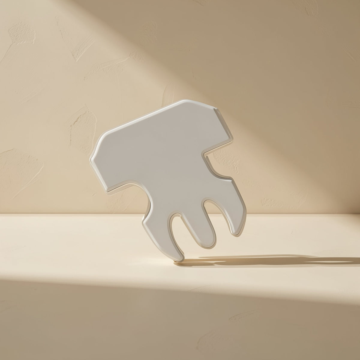 Cablejoin – Flat white plastic piece with three slots, tilted upright against a beige wall in warm light