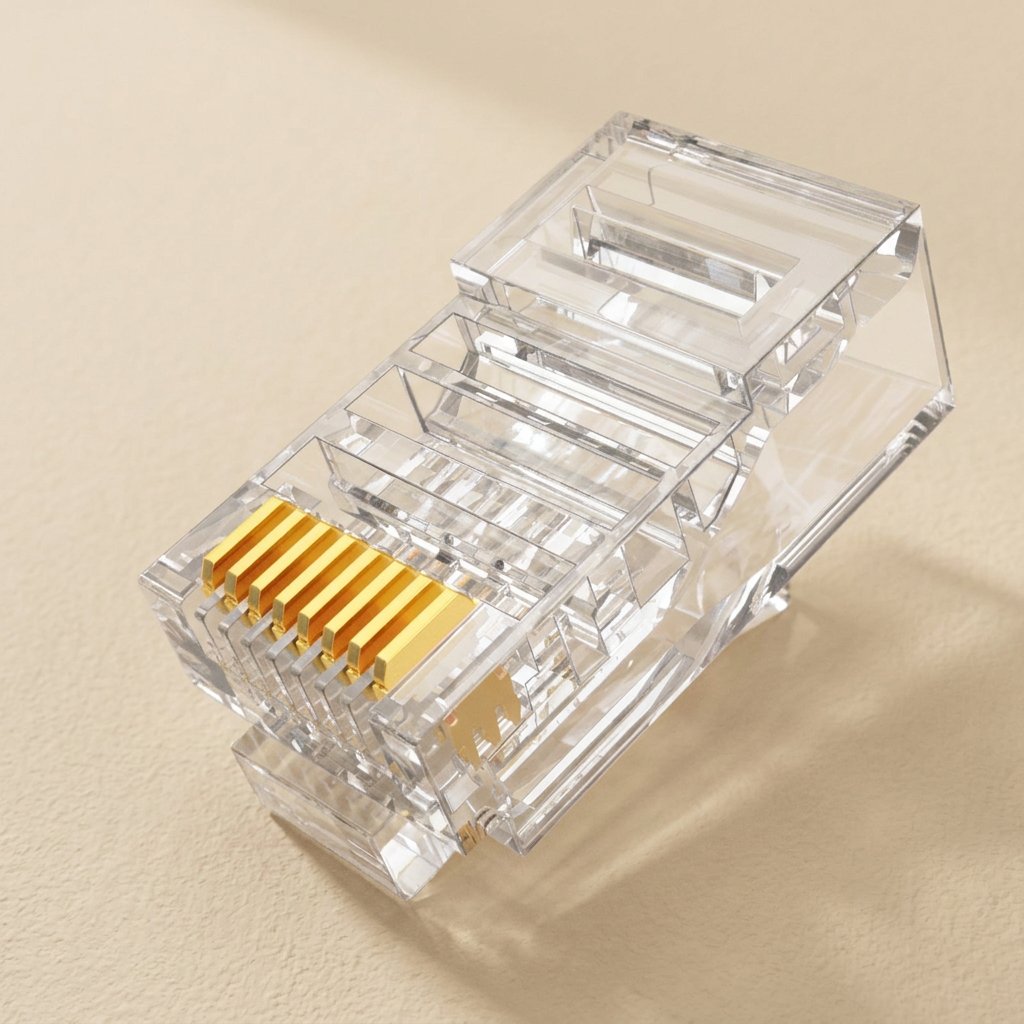 Cablejoin – Close-up of a clear RJ45 plug with eight gold contact pins, shown at an angle on a beige background