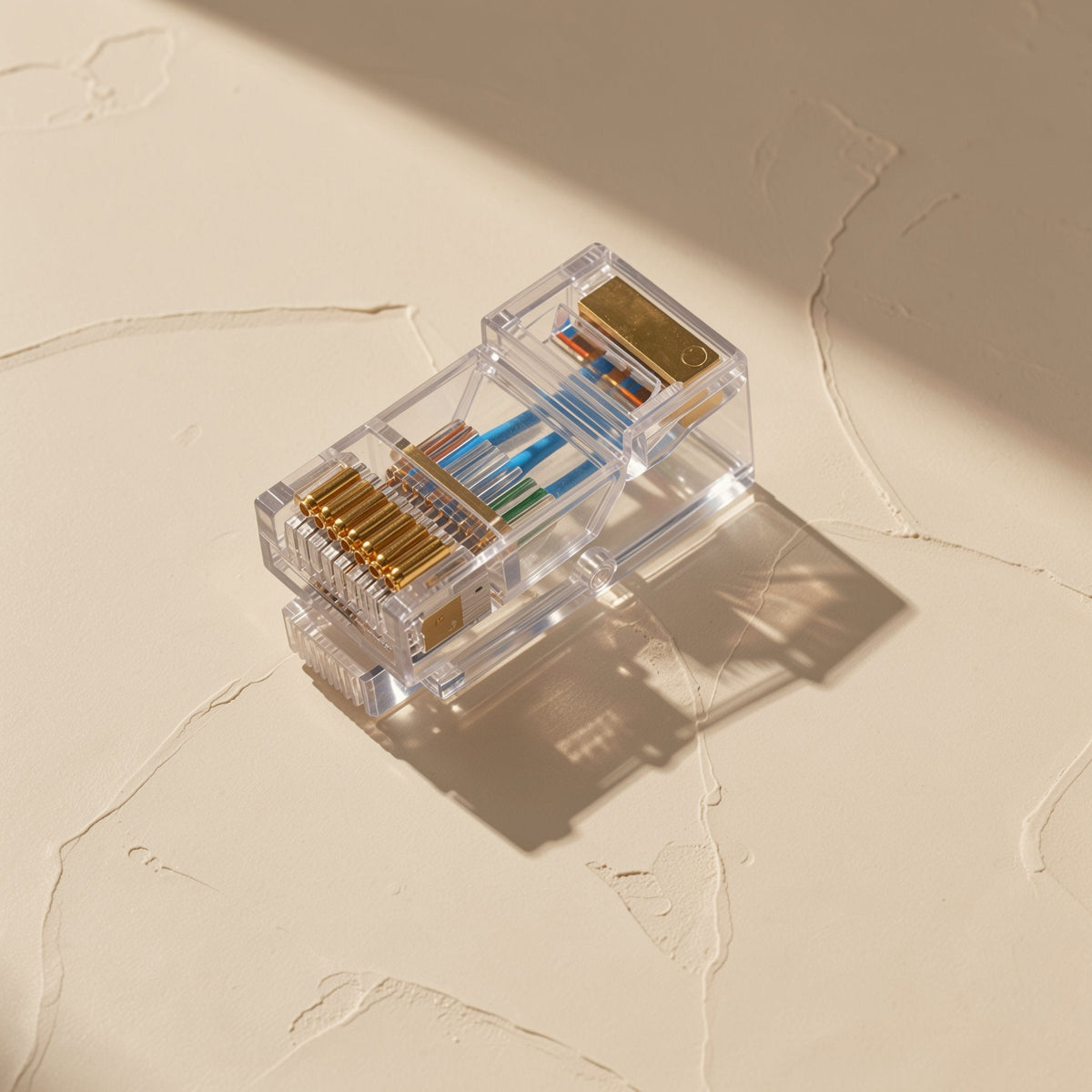 Cableclick Category 6 network cable connector, clear RJ45 plug with gold contacts and colored wires inside