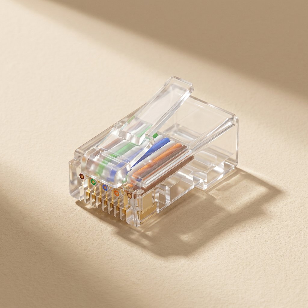 Cableclick – Front view of clear RJ45 plug showing eight gold contacts and wires in green, blue and orange