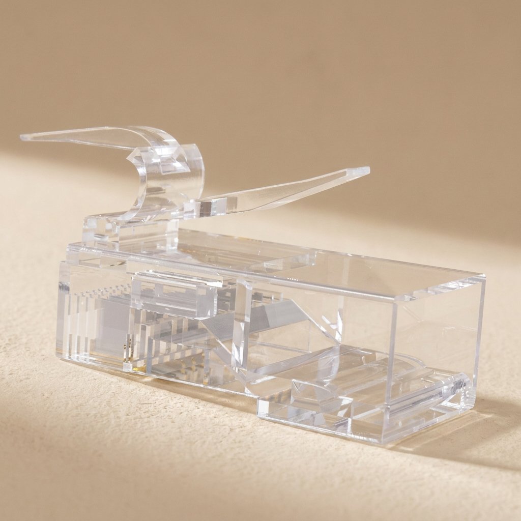 Cableclick – Side view of a clear plastic RJ45 housing with a raised latch tab and open interior