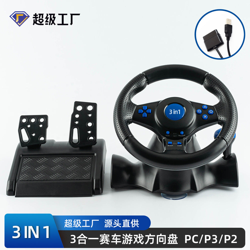 Turnvolt Wired Game Steering Wheel Controller with blue buttons and pedal set, labeled 3 in 1 for PC/P3/P2