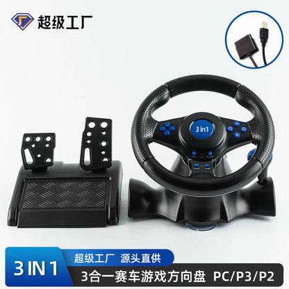 Turnvolt Wired Game Steering Wheel Controller with blue buttons and pedal set, labeled 3 in 1 for PC/P3/P2