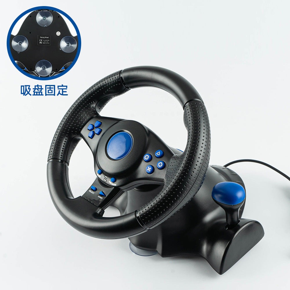 Turnvolt – Steering wheel with blue center and shifter on its base, with suction cup underside shown in an inset