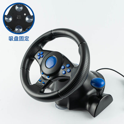 Turnvolt – Steering wheel with blue center and shifter on its base, with suction cup underside shown in an inset