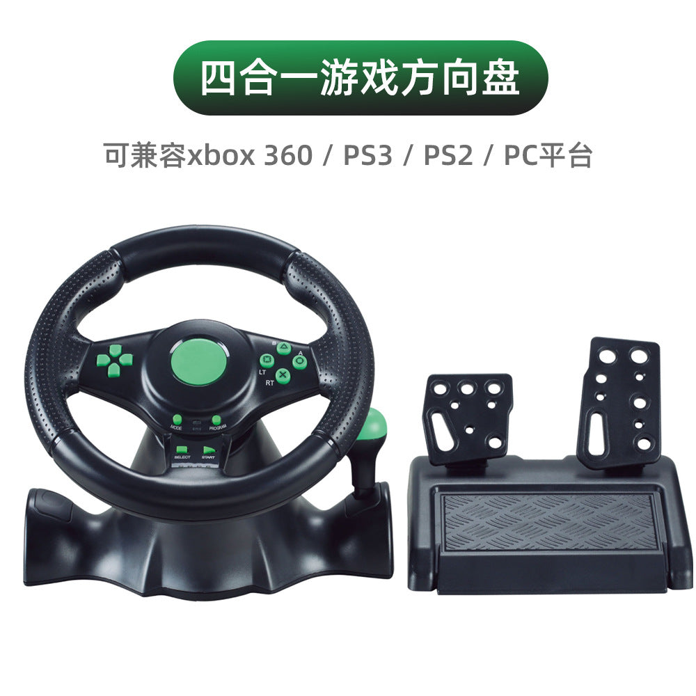 Turnvolt – Black steering wheel and pedals with green buttons, labeled as a four-in-one for Xbox 360, PS3, PS2 and PC