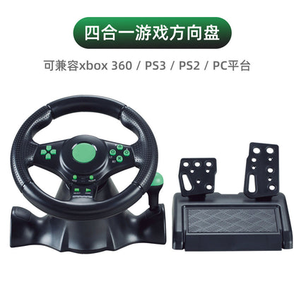 Turnvolt – Black steering wheel and pedals with green buttons, labeled as a four-in-one for Xbox 360, PS3, PS2 and PC