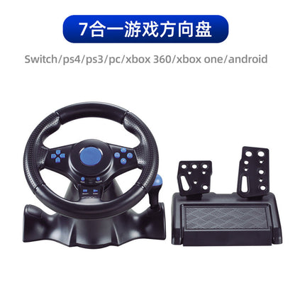 Turnvolt – Blue-button steering wheel and pedals labeled 7 in 1, listing Switch, PS4, PS3, PC, Xbox and Android