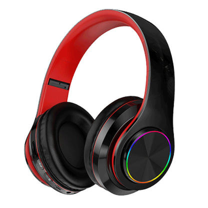 Glowband – Red and black over-ear headset angled on white background, ear cup lit with a rainbow ring
