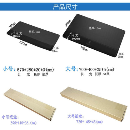 Padrest – Black desk pad and wrist rest shown beside size labels and cardboard shipping boxes for small and large