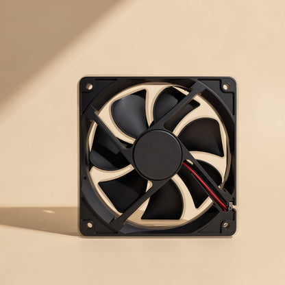 Chillspin PBT computer cooling fan seen from the back, with spoke struts and red and black wires, on beige