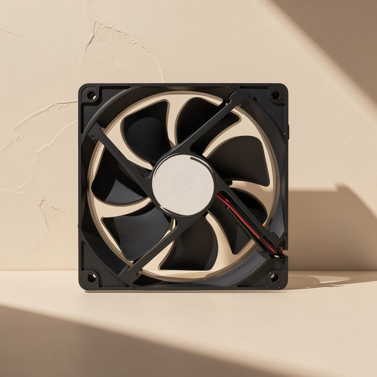 Chillspin – Rear view of the fan showing the pale round hub, support spokes and red and black cable, against a textured wall