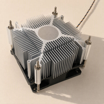 Socketchill CPU cooler seen from above at an angle, showing radial aluminum fins and four spring-loaded screws