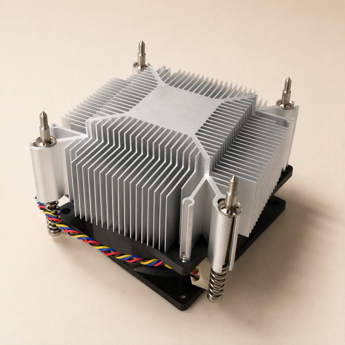 Socketchill CPU Cooler – side view of the heat sink with dense vertical fins, black fan base and colorful twisted fan wires