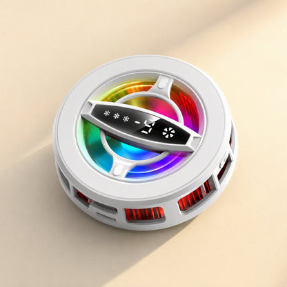 Magchill Mobile Phone Radiator, white round cooler seen from above with RGB light ring and digital display