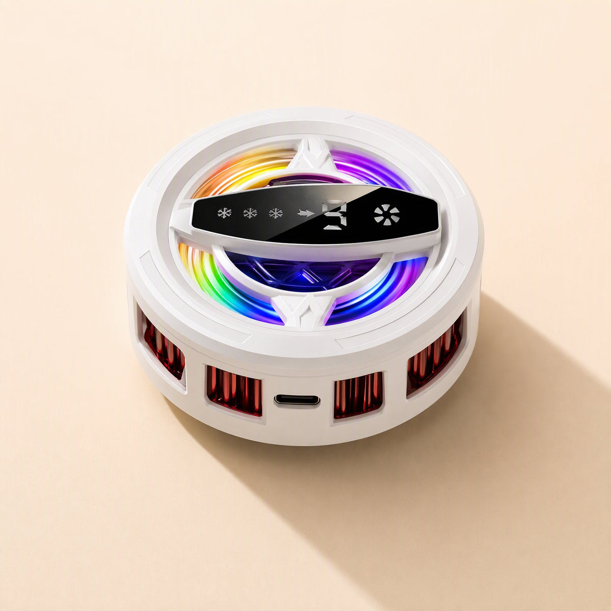 Magchill – White magnetic clip-on cooler front view showing USB-C port, red heat-sink vents and glowing rainbow fan