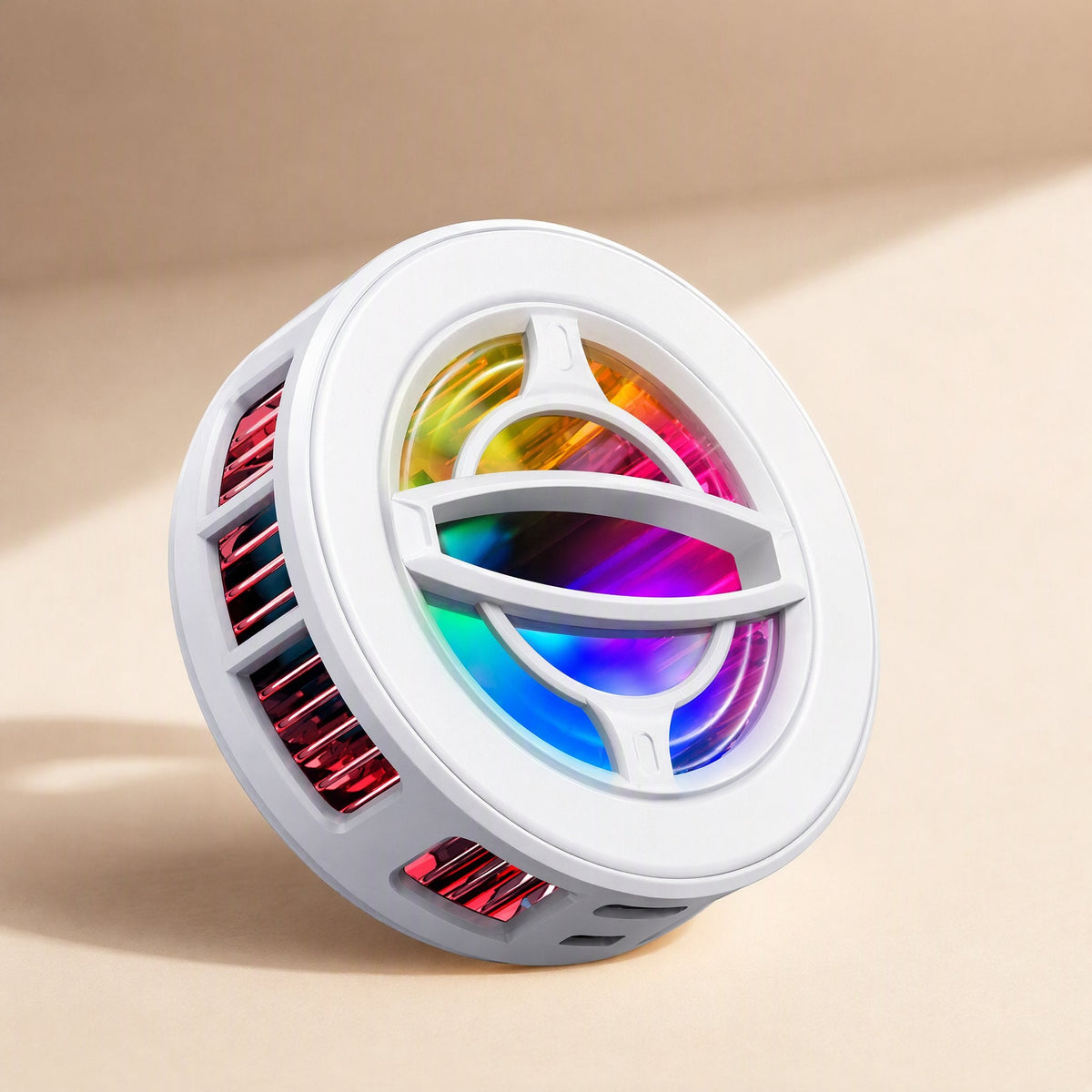 Magchill – Side-angle view of the white round cooler with colourful RGB fan and red cooling fins along the edge