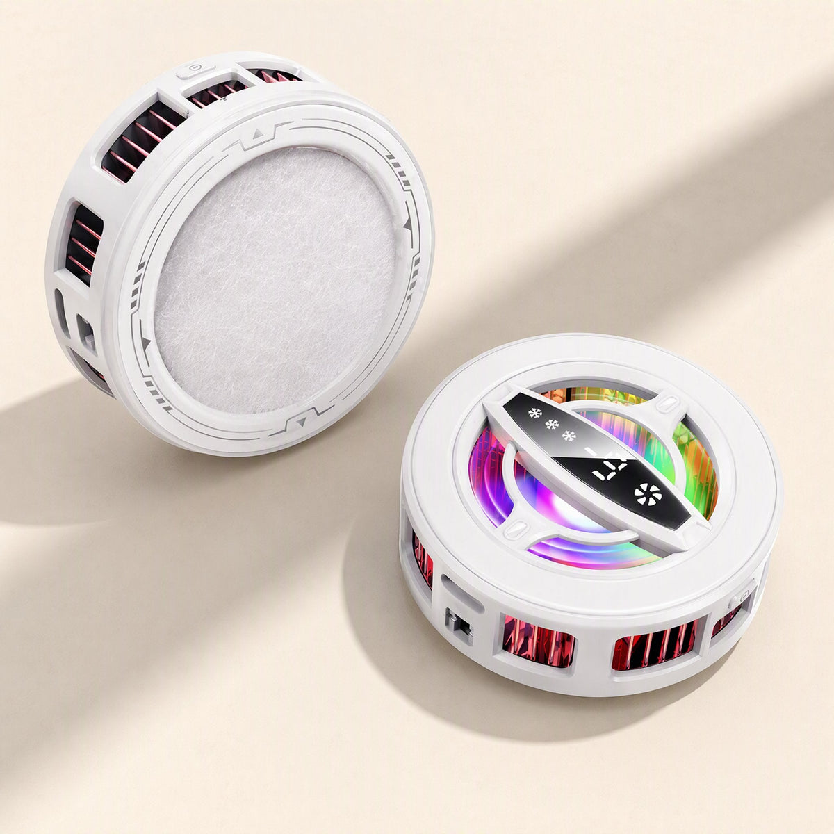 Magchill – Two white coolers: one showing its soft pad contact face, the other its top with display and RGB light